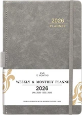 2026 Planner - Weekly Monthly Calendar from January - December 2026, Grey 