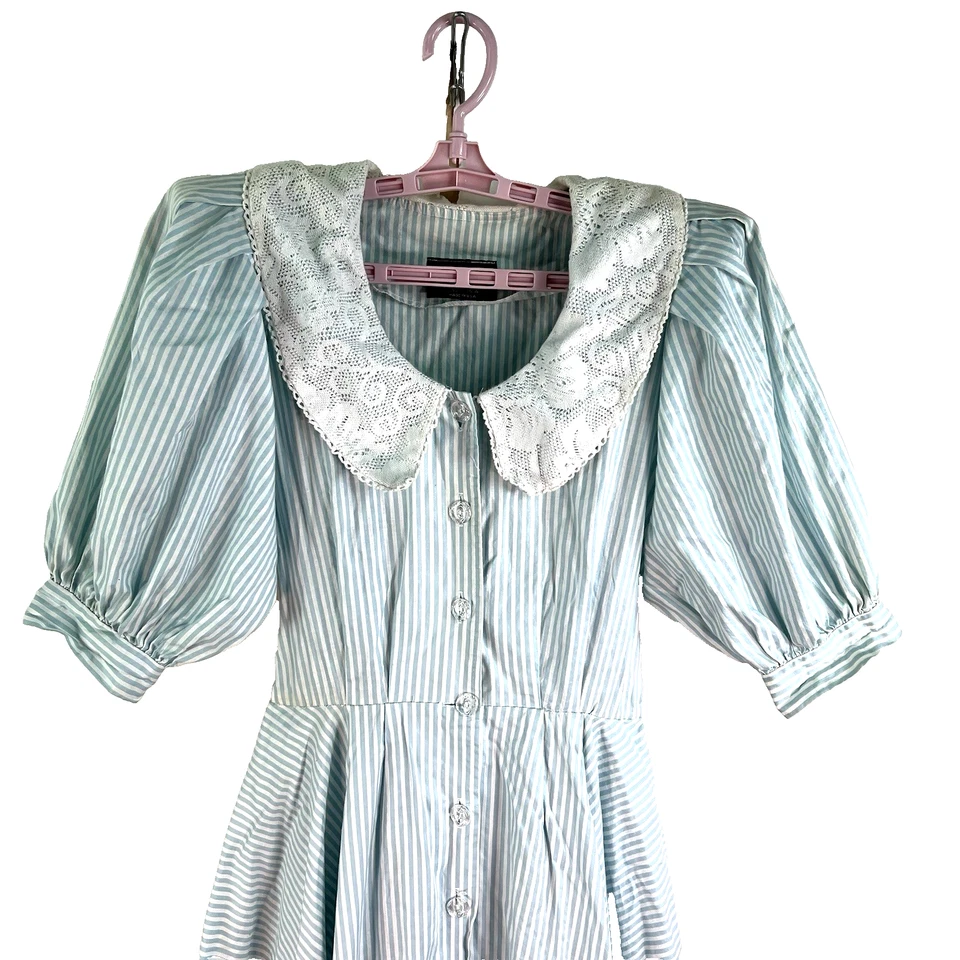 Vintage Choon Striped Lace Collar Tie Prairie Dress Womens SZ S-M Blue/White USA - Image 2 of 4