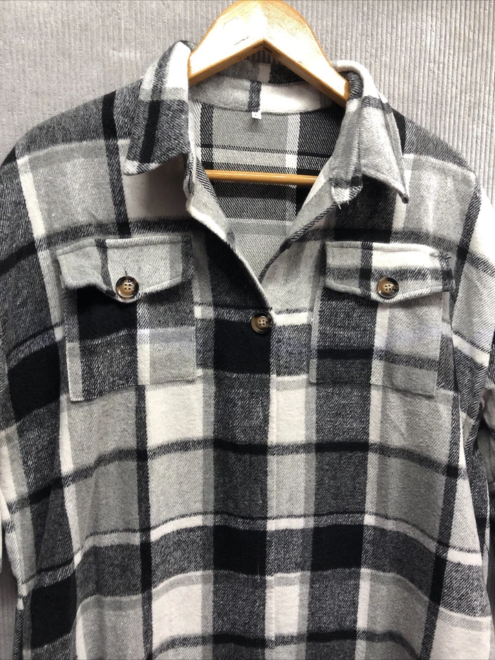 Unbranded Flannel Shirt Dress Size Large Black White Check Pockets Oversized - Image 2 of 4