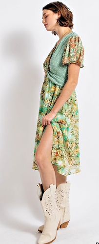 New GIGIO Size S M L Green Floral Dot Print Twist Waist Asymmetrical Dress - Picture 3 of 20