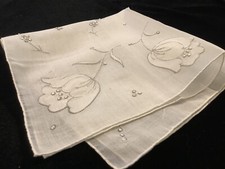 SF187 Vintage Bridal WHITE Madeira Hand Embroidery TULIPS Wedding Handkerchief