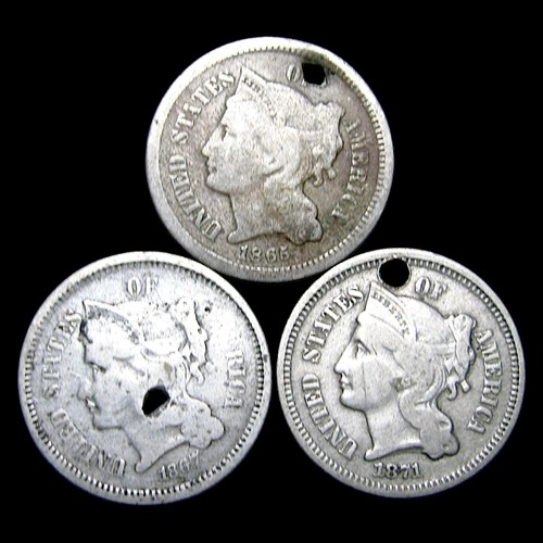 1865 1867 1871 Copper Nickel Three Cent Piece 3cp Nice Holed Coin Lot #834E