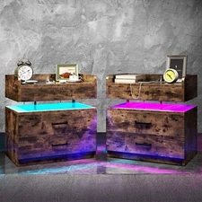 TC-HOMENY RGB LED Nightstand with Charging Staton Set of 2 Night Stand End Table