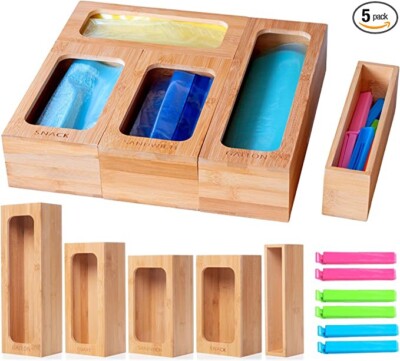 Arrangeable Ziplock Bag Storage Organizer Bamboo Wood Container Bag  Clips