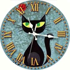 Black Cat Wooden Wall Clock, 30cm - Kitchen Wall, Living Room, Pets, Brilliant