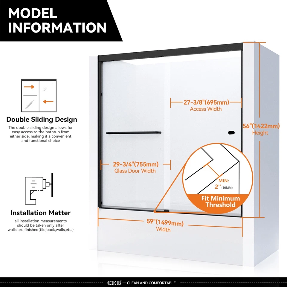 Двери для ванной 55-59 дюймов ширина x высота 56 дюймов, полукаркасные обводные двери для ванн MB - Изображение 4 из 4