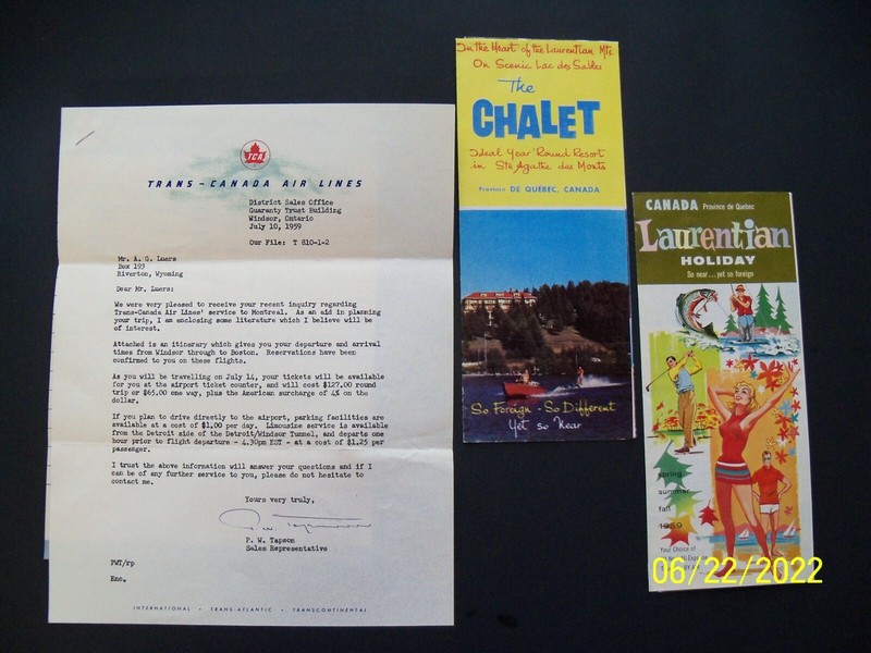 L@@K Vintage Trans Canada Airlines Itinerary W/ Travel Brochures 1959