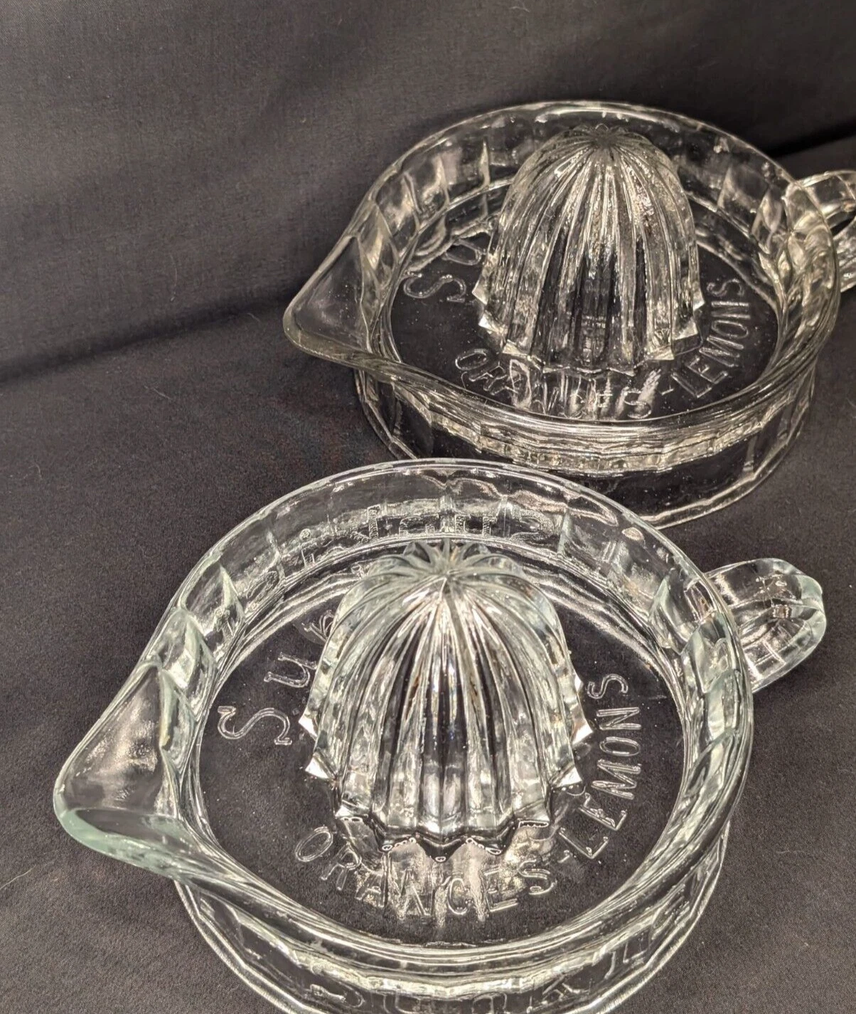 Set of 2 Vintage Sunkist Glass Citrus Juicers - Clear Glass, 6.5" Diameter