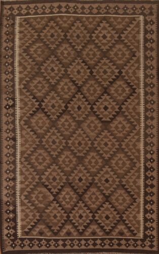Geometric 7x10 Reversible Kilim Brown Area Rug Wool Hand-Woven Carpet - Picture 1 of 9