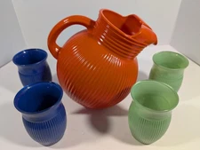Ribbed Glass Ball Pitcher Orange 4 Tumblers Blue Green Drinkware Set Kitchen