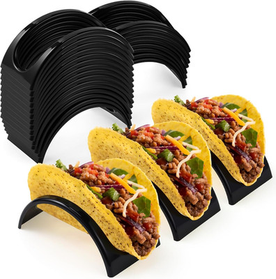 24 Pcs Single Taco Holder Stand Black Plastic Tray Plates Mexico Taco Holder for