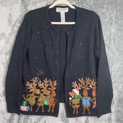 TIARA Cardigan Sweater Womens Large Ugly Christmas Reindeer Holiday Party READ
