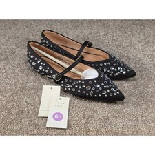 A New Day Gabriella Rhinestone Mary Jane Ballet Flats Jet Black Pointed Toe 6.5