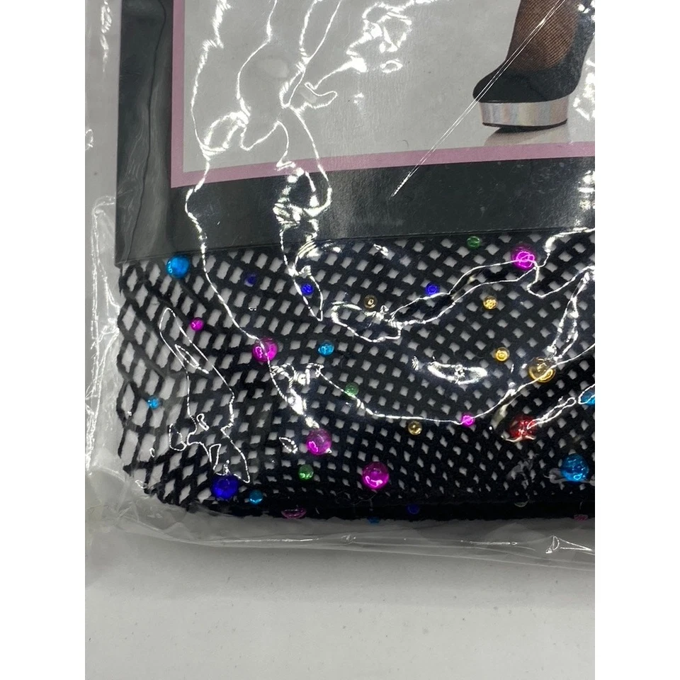 LEG AVENUE Women’s Black-Multicolor Rhinestone Embellished Fishnet Tights SZ OS - Image 4 of 4