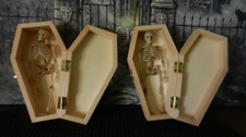 TWO 6" Wood Coffin Halloween, Funeral, Pet, Party, Candy Box With Skeleton,