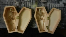 TWO 6" Wood Coffin Halloween, Funeral, Pet, Party,  Candy Box With Skeleton,