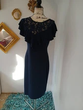 Size 10 Ivanka Trump Navy Blue Lace Neck Sheath Dress Tiered Collar Cocktail 
