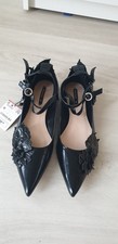 ZARA BALLERINE IN PELLE NERA CON CINTURINO E DETTAGLIO FLOREALE NUOVE TAGLIA 5 UK EU 38