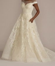 David's Bridal Cap Sleeve V-Back Beaded Fully Lined Ivory Wedding Dress Size 10