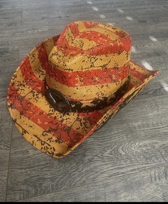 Classic Western Cowboy Hat with Wide Brim and Red Yellow Striped Pattern