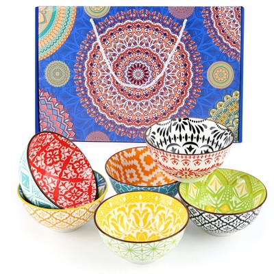 6-Pack 4.75'' Colorful Bohemian Style Ceramic Rice Bowls Set, for Cereal, Dessert