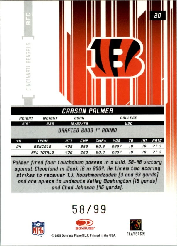 2005 Rookies and Stars Longevity Holofoil Parallel #20 Carson Palmer /99 FB - Image 2 of 2