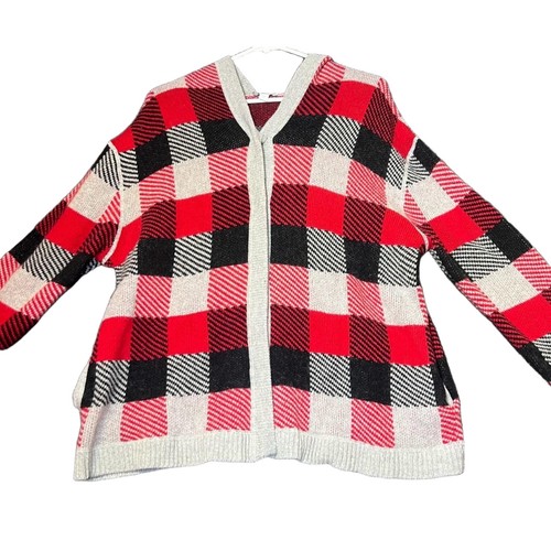 J Jill Hooded Cardigan Womens XL Red Plaid Soft Classic Cozy Wool Blend Snaps