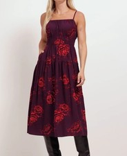 Old Navy Waist-Defined Burgundy Floral Pockets Smocked Midi Cami Dress Sz M