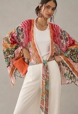 By Anthropologie Tie Front Printed Shine Kimono One Size Multicolor Floral