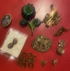 Vintage Costume Jewelry Lot Of 10 Brooch Pins Earrings Brass Glass Flower Monet