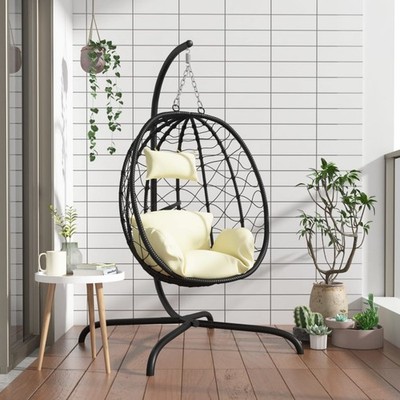 vidaXL Cocoon Hängesessel mit Kissen, Creme, PE-Rattan und Stahl