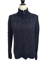 L.L. Bean Double L Cable Sweater Medium Navy Knit Cardigan Zip 517893