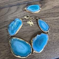 BLUE AGATE STONE Sliced BRACELET CHUNKY STATEMENT MODEL Gold Color FABULOUS