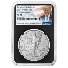 2024-W $1 1-oz Burnished American Silver Eagle NGC MS70 FDI Trump Label Retro