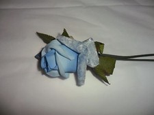 Vintage Variegated Blue Rose with Bud on Stem Made in Japan