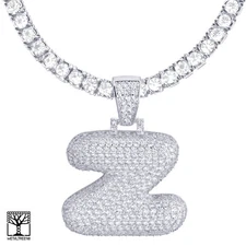 Bubble Letter Z Initial Silver Plated Iced Pendant CZ 24" Tennis Chain Necklace 