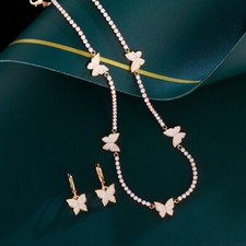 Gold Plated Butterfly Jewelry Set Women Cubic Zirconia Huggie Earrings Necklace