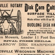 1890 Janesville WI Machine Co Disk Corn Cultivator Print Ad Budlong Harrow Vtg