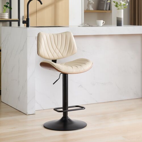 Barstools PU 25-33.4" Walnut Bentwood Dining Chairs Kitchen Counter Stools Beige - Picture 2 of 11