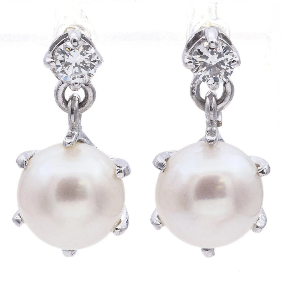Estate 14K White Gold Pearl & Diamond Dangle Earrings - Image 2 of 4
