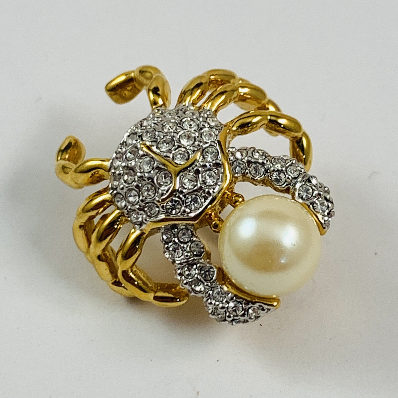 Vintage Simulated Pearl & Crystal Gold Tone Crab Lapel Pin Brooch