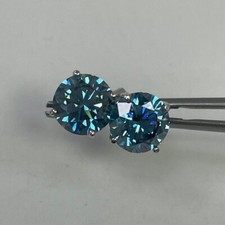 Lab Created Blue Diamond Round Stud Earring 14kt white gold 4.24ct IGI Certified
