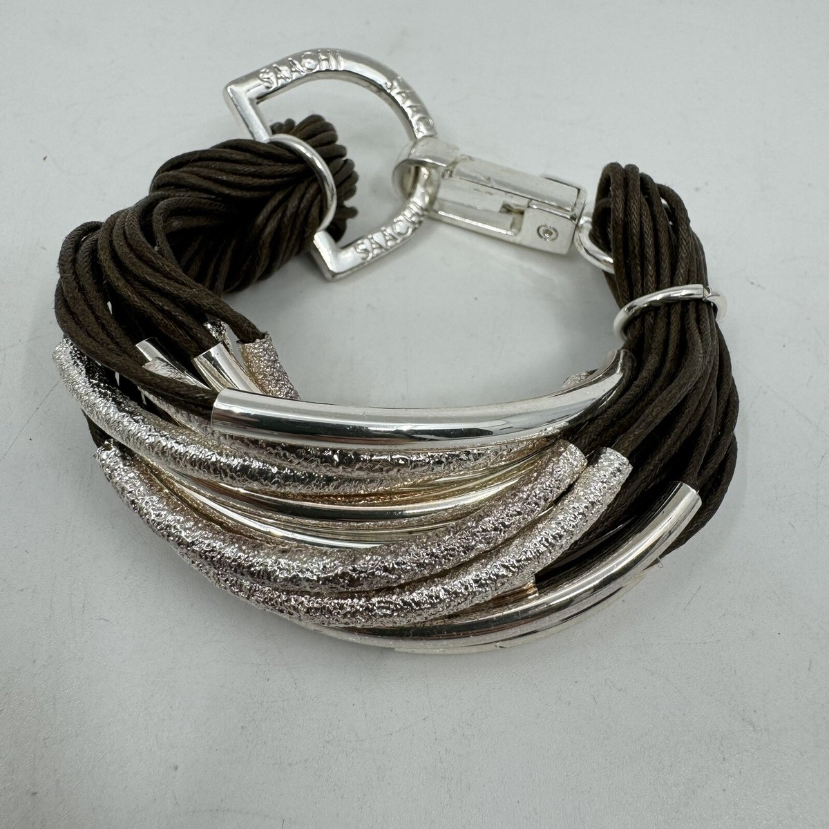 Saachi Boho Bracelet Stacked Cord Brown Silver Tone Tube 