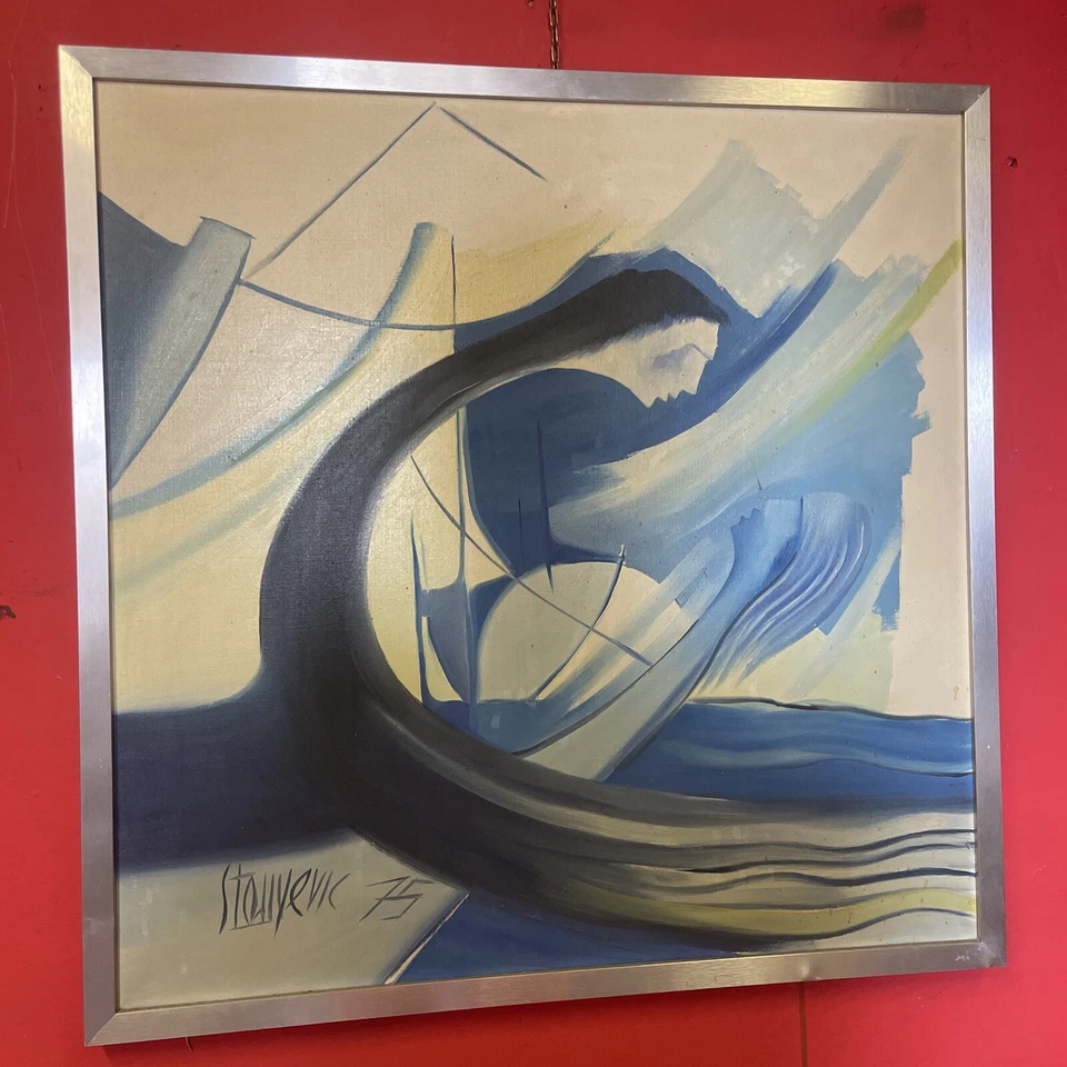 quadro arte moderna dipinto a mano ad olio su tela futurista con cornice vintage - Immagine 3 di 4