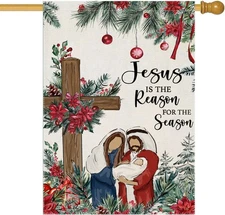 Merry Christmas House Flags for Outdoor Decoration, Religious Cross Nativity ...