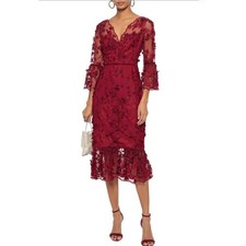 Marchesa Notte Embroidered Midi Dress Red Sheer Sleeves 3D Floral Lace Sz 2