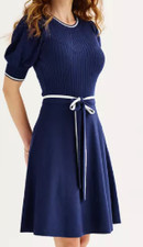 Draper James RSVP Belted Sweater Dress Womens XXL Navy Puff Sleeves Preppy