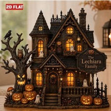 Personalized Halloween Haunted House Wooden Block, Gothic Fall Shelf Decor