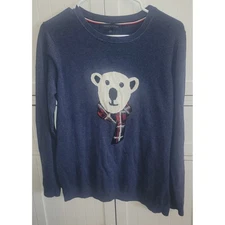 Tommy Hilfiger Womens Sweater L/G Blue Polar Bear Plaid Scarf Crew Neck