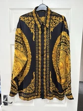 Ceta Italiano 100% Silk Long Sleeve Shirt Baroque Greek Medusa Black Gold 90s